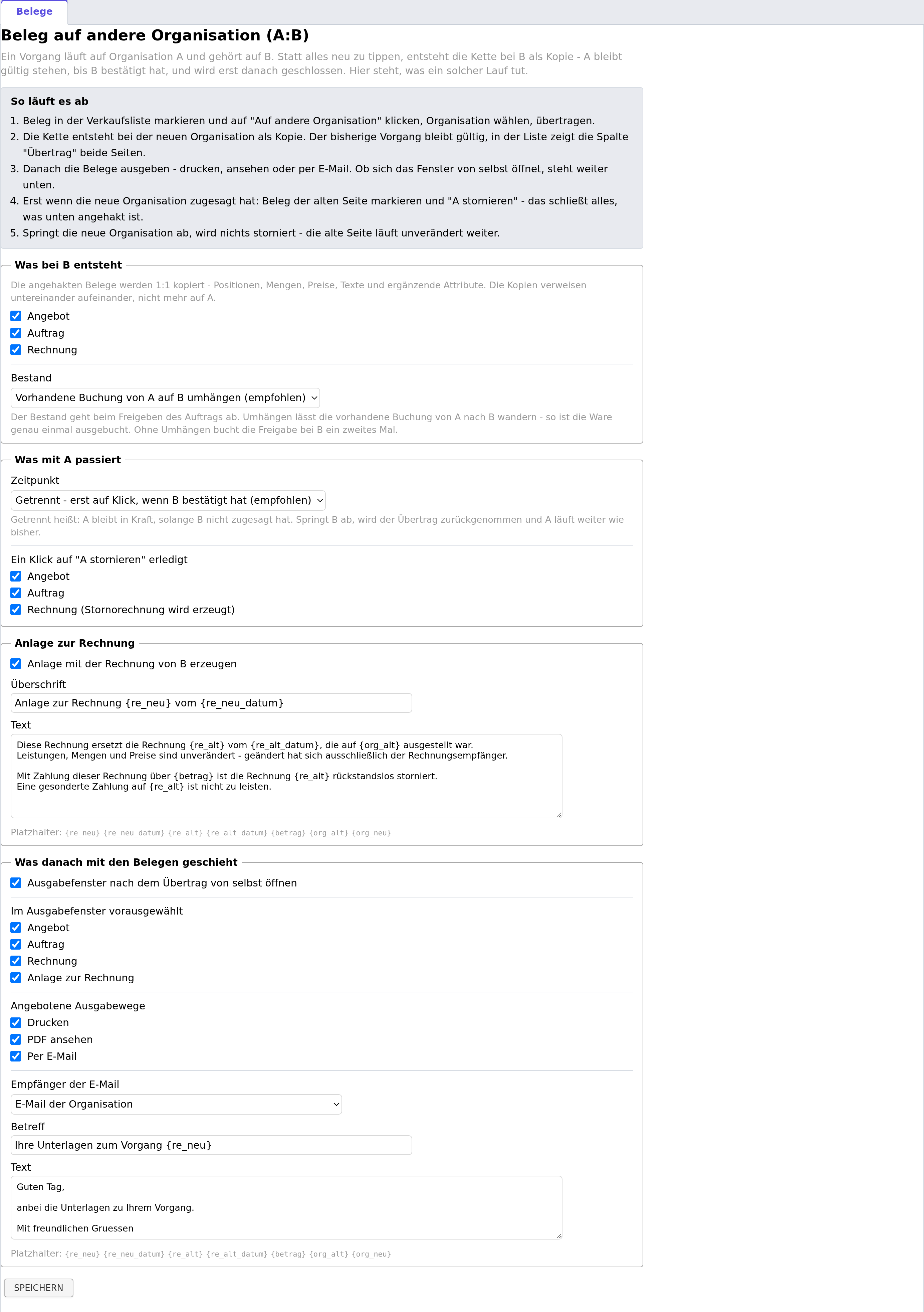 Einstellungen Workflows Belege